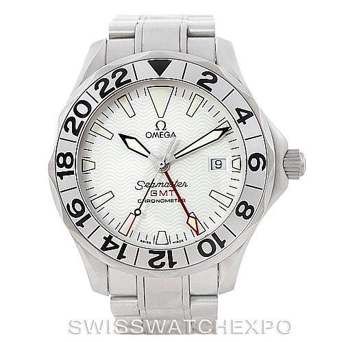 This is a front view of an Omega Seamaster 2538.20.00 Men
s Stainless Steel White Dial 2538.20.00 Men
s Stainless Steel White Dial GMT wristwatch, showing the dial, hands, bezel, crown, and part of the bracelet.