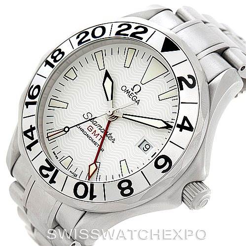 Front angle view of the Omega Seamaster 2538.20.00 Men
s Stainless Steel White Dial 2538.20.00 Men
s Stainless Steel White Dial watch showing the face, bezel, and bracelet.