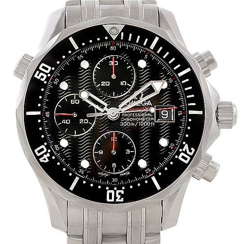 This image shows a frontal view of an Omega Seamaster 213.30.42.40.01.001 Men
s Stainless Steel Black Dial 213.30.42.40.01.001 Men
s Stainless Steel Black Dial watch, highlighting the dial, bezel, crown, and chronograph sub-dials.