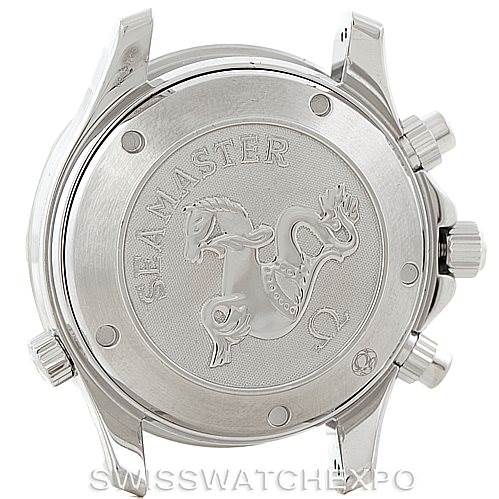 The image shows the back case of an Omega Seamaster 213.30.42.40.01.001 Men
s Stainless Steel Black Dial 213.30.42.40.01.001 Men
s Stainless Steel Black Dial watch, highlighting its engraved design and crown.