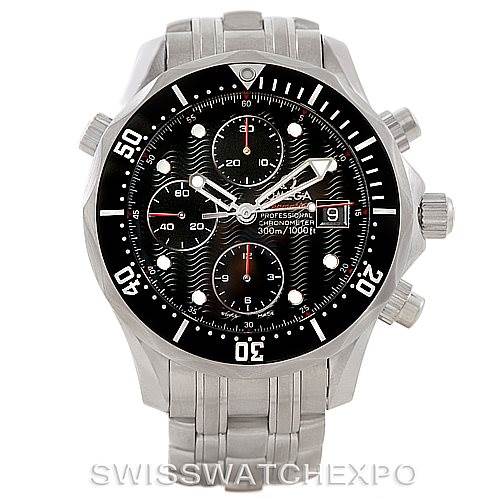 The Omega Seamaster 213.30.42.40.01.001 Men
s Stainless Steel Black Dial 213.30.42.40.01.001 Men
s Stainless Steel Black Dial watch is shown from a front angle, displaying its face, bezel, crown, and stainless steel bracelet.