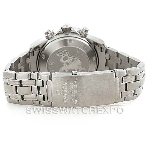 This image shows the back and bracelet clasp of an Omega Seamaster 213.30.42.40.01.001 Men
s Stainless Steel Black Dial 213.30.42.40.01.001 Men
s Stainless Steel Black Dial watch, highlighting the engravings and metal bracelet.