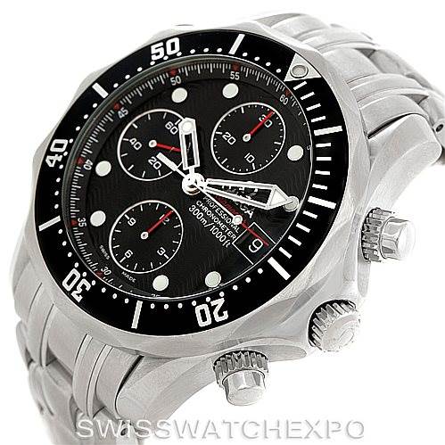 The image shows an Omega Seamaster 213.30.42.40.01.001 Men
s Stainless Steel Black Dial 213.30.42.40.01.001 Men
s Stainless Steel Black Dial watch from an angled side view, highlighting the dial, bezel, crown, and part of the bracelet.