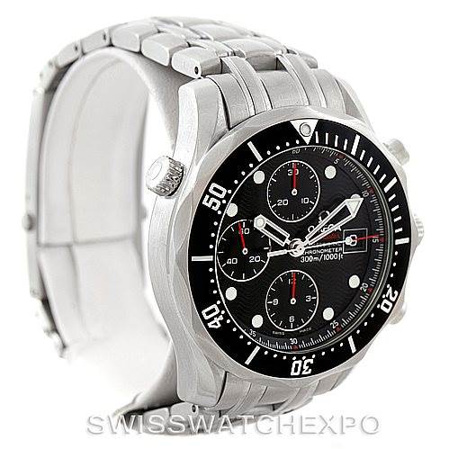 This Omega Seamaster 213.30.42.40.01.001 Men
s Stainless Steel Black Dial 213.30.42.40.01.001 Men
s Stainless Steel Black Dial model watch is shown from a front-side angle, displaying the face, bezel, and part of the stainless steel bracelet.