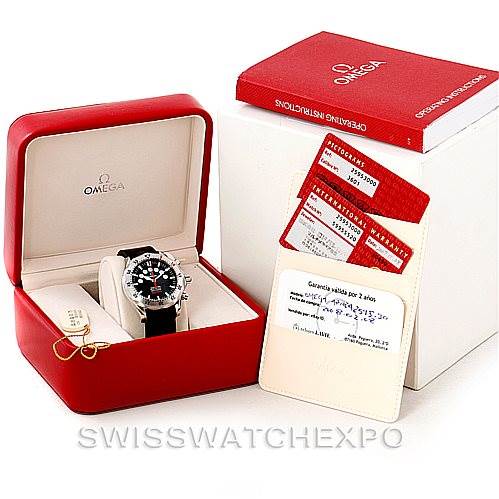 The image shows an Omega Seamaster 2595.30.00 Men
s Stainless Steel Black Dial 2595.30.00 Men
s Stainless Steel Black Dial watch with its box, instructions, and certification cards from a slightly elevated front angle.