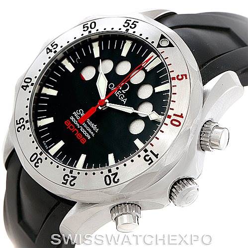 The Omega Seamaster 2595.30.00 Men
s Stainless Steel Black Dial 2595.30.00 Men
s Stainless Steel Black Dial watch is shown at an angled view displaying the bezel, dial, and crown, with a black rubber strap.