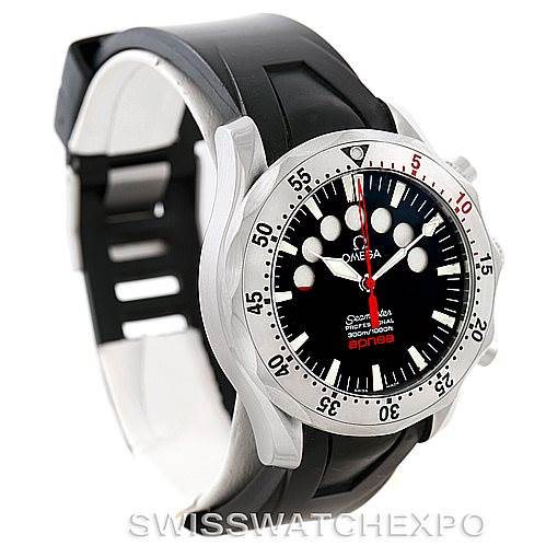 The image shows an Omega Seamaster 2595.30.00 Men
s Stainless Steel Black Dial 2595.30.00 Men
s Stainless Steel Black Dial watch from a three-quarter angle, featuring its dial, bezel, and black rubber strap.