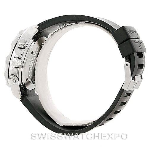 The image shows a side view of an Omega Seamaster 2595.30.00 Men
s Stainless Steel Black Dial 2595.30.00 Men
s Stainless Steel Black Dial watch, highlighting the case, pushers, and black strap.