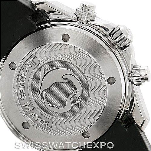 The image shows the engraved case back of the Omega Seamaster 2595.30.00 Men
s Stainless Steel Black Dial 2595.30.00 Men
s Stainless Steel Black Dial watch, highlighting intricate engravings and side view of the crown and pushers.