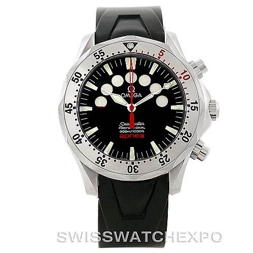 The image shows the front view of an Omega Seamaster 2595.30.00 Men
s Stainless Steel Black Dial 2595.30.00 Men
s Stainless Steel Black Dial Apnea watch, highlighting the dial, bezel, and rubber strap.