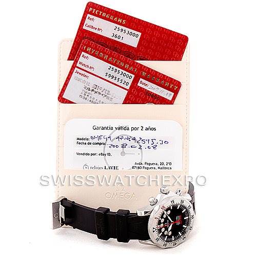 The image shows an Omega Seamaster 2595.30.00 Men
s Stainless Steel Black Dial 2595.30.00 Men
s Stainless Steel Black Dial watch with its strap and warranty card, seen from a slightly angled top view.