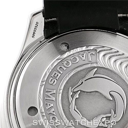The image shows the back case of an Omega Seamaster 2595.30.00 Men
s Stainless Steel Black Dial 2595.30.00 Men
s Stainless Steel Black Dial watch, featuring an embossed design and engraved serial number.