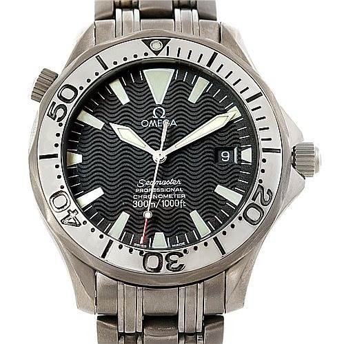 The image shows a front view of an Omega Seamaster 2031.50.00 Men
s Titanium Black Dial 2031.50.00 Men
s Titanium Black Dial watch, featuring its dial, bezel, hands, and part of the bracelet.