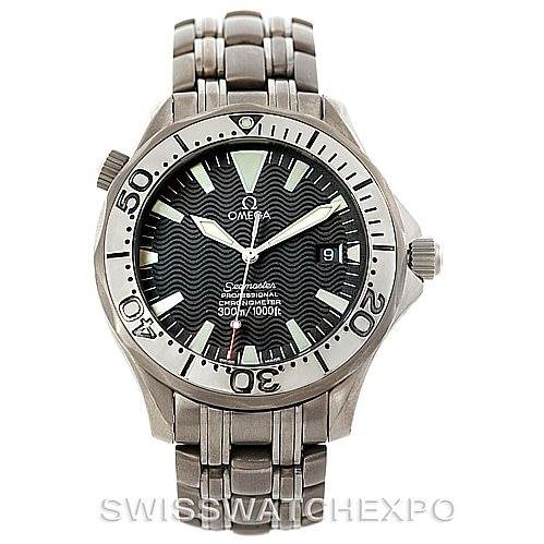 The image shows a front view of the Omega Seamaster 2031.50.00 Men
s Titanium Black Dial 2031.50.00 Men
s Titanium Black Dial watch, highlighting the dial, bezel, and bracelet.