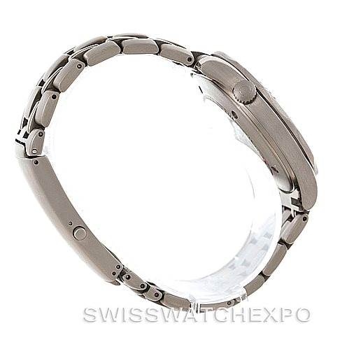 The image shows a side view of an Omega Seamaster 2031.50.00 Men
s Titanium Black Dial 2031.50.00 Men
s Titanium Black Dial watch, highlighting its metallic band and case.