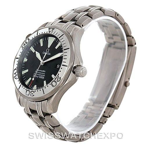 This image shows an Omega Seamaster 2031.50.00 Men
s Titanium Black Dial 2031.50.00 Men
s Titanium Black Dial watch from an angled view, displaying the dial, bezel, crown, and bracelet.