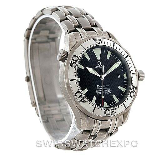 The image shows an Omega Seamaster 2031.50.00 Men
s Titanium Black Dial 2031.50.00 Men
s Titanium Black Dial watch from a front angle, highlighting the face, bezel, and metal bracelet.