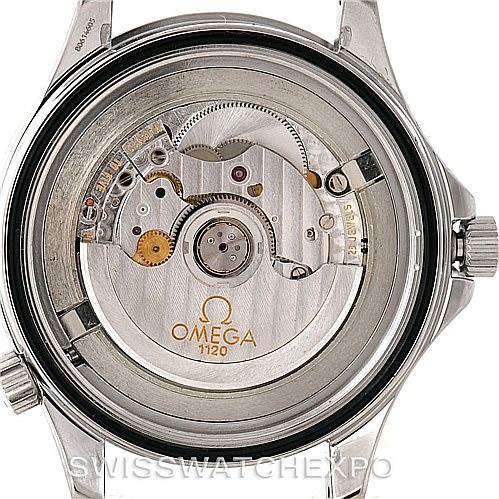 The image shows the back view of an Omega Seamaster 2254.50.00 Men
s Stainless Steel Black Dial 2254.50.00 Men
s Stainless Steel Black Dial watch, revealing its internal mechanical movement.