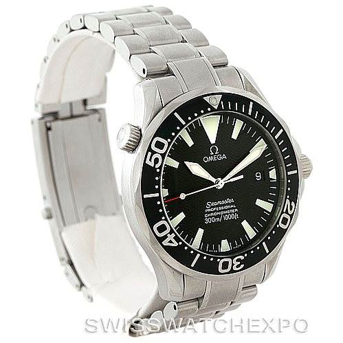 The image shows a three-quarter angle of the Omega Seamaster 2254.50.00 Men
s Stainless Steel Black Dial 2254.50.00 Men
s Stainless Steel Black Dial watch, highlighting its bracelet, bezel, and dial with hands and indices.