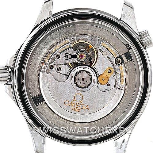 The image shows the back view of an Omega Seamaster 2254.50.00 Men
s Stainless Steel Black Dial 2254.50.00 Men
s Stainless Steel Black Dial watch, revealing its intricate movement and mechanical parts.