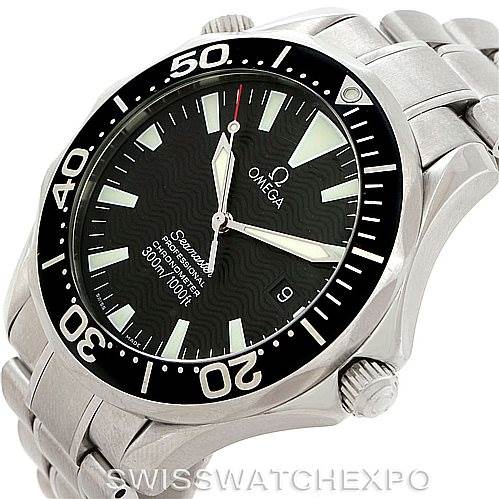 The image shows a close-up angled view of the Omega Seamaster 2254.50.00 Men
s Stainless Steel Black Dial 2254.50.00 Men
s Stainless Steel Black Dial watch, highlighting the dial, bezel, and part of the bracelet.