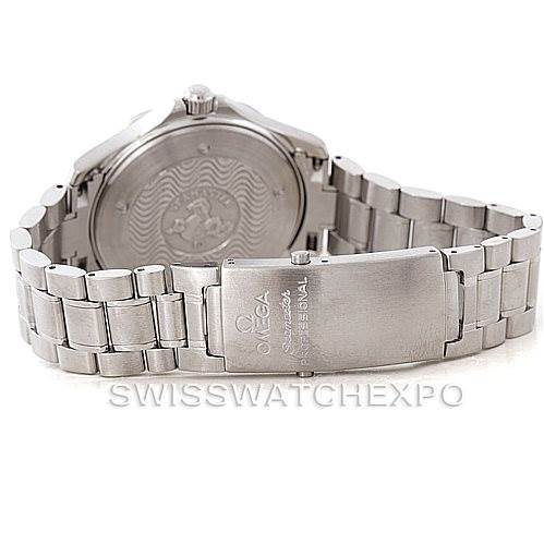 The image shows the back and bracelet clasp of an Omega Seamaster 2254.50.00 Men
s Stainless Steel Black Dial 2254.50.00 Men
s Stainless Steel Black Dial watch in a partially open position.