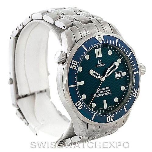 The image shows a side angle of the Omega Seamaster 2541.80.00 Men
s Stainless Steel Blue Dial 2541.80.00 Men
s Stainless Steel Blue Dial watch, highlighting the face, bezel, crown, and part of the metal bracelet.