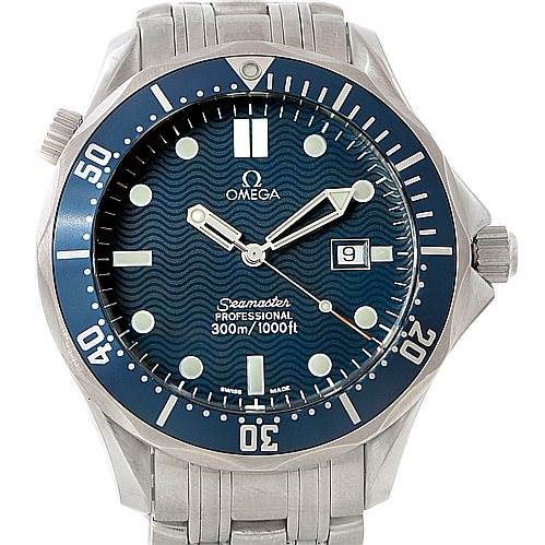 This image shows a front view of the Omega Seamaster 2541.80.00 Men
s Stainless Steel Blue Dial 2541.80.00 Men
s Stainless Steel Blue Dial Professional watch, highlighting the dial, bezel, and bracelet.