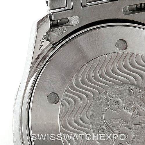 This image shows a close-up of the back case and part of the bracelet hinge of the Omega Seamaster 2541.80.00 Men
s Stainless Steel Blue Dial 2541.80.00 Men
s Stainless Steel Blue Dial watch, highlighting its engraved details.