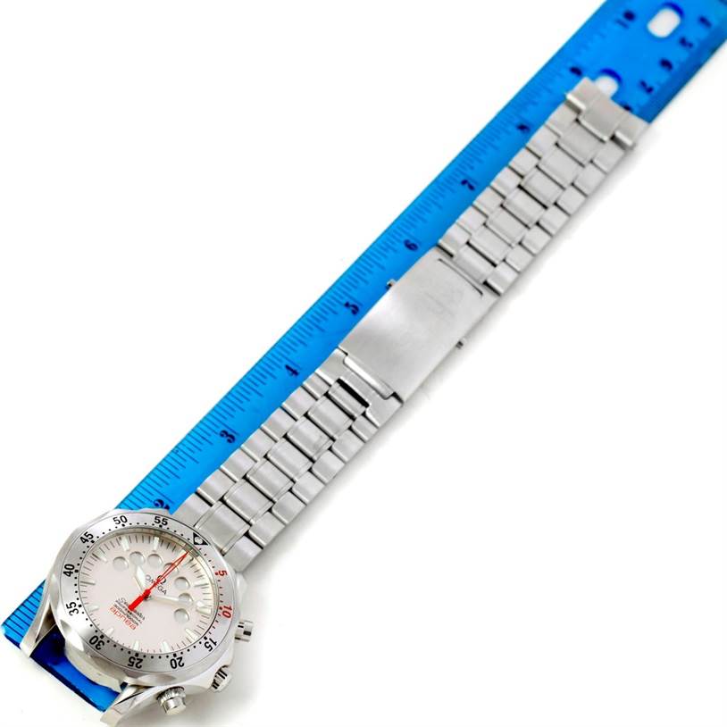 The Omega Seamaster 2595.30.00 Men
s Stainless Steel Silver Dial 2595.30.00 Men
s Stainless Steel Silver Dial watch is shown from a top-down angle, displaying its bracelet, clasp, and partial face with bezel.