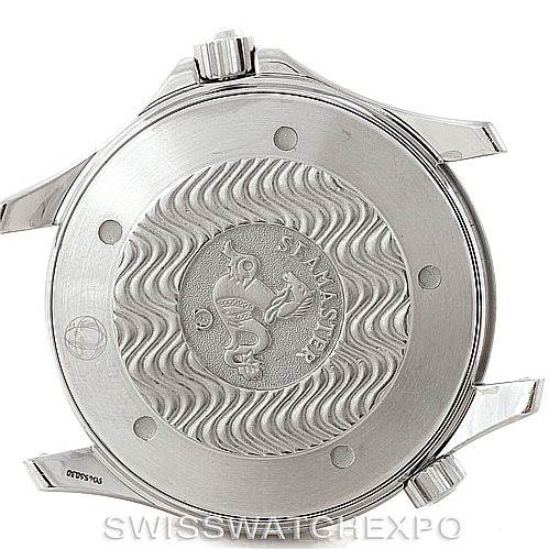 This image shows the case back of an Omega Seamaster 2264.50.00 Men
s Stainless Steel Black Dial 2264.50.00 Men
s Stainless Steel Black Dial watch, featuring the brand
s logo and wave pattern design.