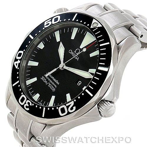 The image shows an Omega Seamaster 2264.50.00 Men
s Stainless Steel Black Dial 2264.50.00 Men
s Stainless Steel Black Dial watch at an angled view, highlighting its dial, bezel, crown, and bracelet.