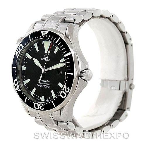 The image shows a side and front angle of an Omega Seamaster 2264.50.00 Men
s Stainless Steel Black Dial 2264.50.00 Men
s Stainless Steel Black Dial watch, including the bezel, dial, crown, and bracelet.