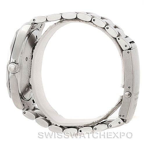 This image shows a side view of an Omega Seamaster 2264.50.00 Men
s Stainless Steel Black Dial 2264.50.00 Men
s Stainless Steel Black Dial watch, specifically highlighting the case, crown, and bracelet.