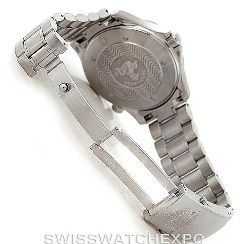 The image shows the back case and bracelet of the Omega Seamaster 2264.50.00 Men
s Stainless Steel Black Dial 2264.50.00 Men
s Stainless Steel Black Dial watch, focusing on the clasp and engraved case back.