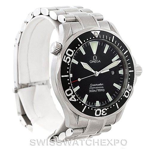 This image shows an Omega Seamaster 2264.50.00 Men
s Stainless Steel Black Dial 2264.50.00 Men
s Stainless Steel Black Dial model watch from an angled side view, displaying the face, bezel, crown, and part of the metal bracelet.