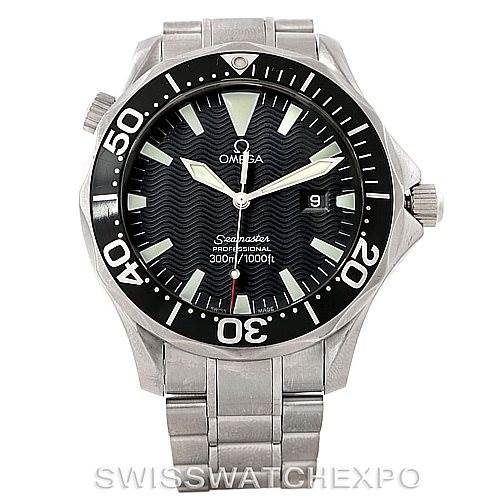 This image shows a front view of an Omega Seamaster 2264.50.00 Men
s Stainless Steel Black Dial 2264.50.00 Men
s Stainless Steel Black Dial watch, highlighting the face, bezel, and stainless steel bracelet.