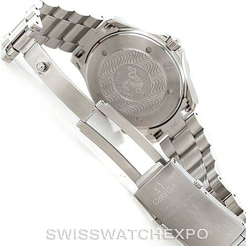 The image shows the back of an Omega Seamaster 2265.80.00 Men
s Stainless Steel Blue Dial 2265.80.00 Men
s Stainless Steel Blue Dial watch, focusing on the closed clasp and part of the bracelet.