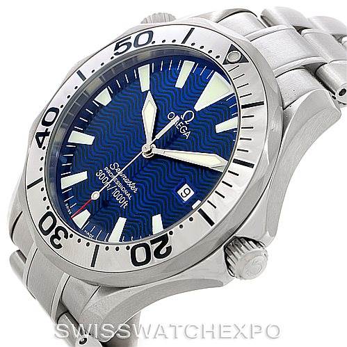 This image showcases an Omega Seamaster 2265.80.00 Men
s Stainless Steel Blue Dial 2265.80.00 Men
s Stainless Steel Blue Dial watch from an oblique angle, highlighting the watch face, bezel, crown, and part of the bracelet.