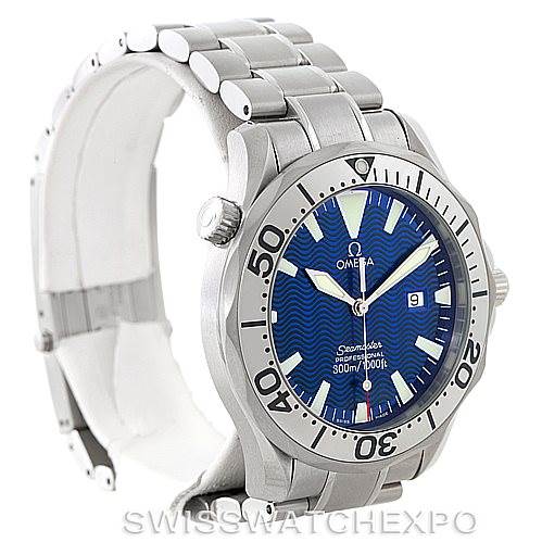 The image shows a side-angle view of the Omega Seamaster 2265.80.00 Men
s Stainless Steel Blue Dial 2265.80.00 Men
s Stainless Steel Blue Dial watch, displaying its blue face, bezel, and metal bracelet.