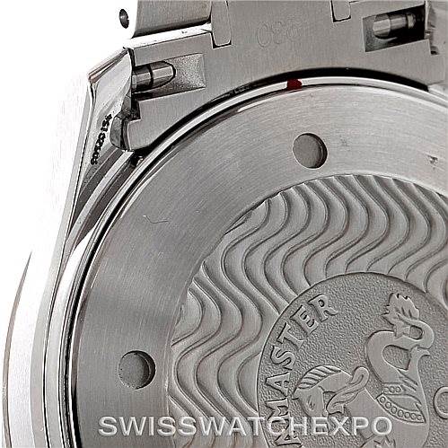 This image shows the case back and part of the bracelet attachment of an Omega Seamaster 2265.80.00 Men
s Stainless Steel Blue Dial 2265.80.00 Men
s Stainless Steel Blue Dial watch, highlighting the wavy design and engraved details.
