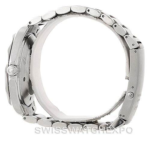 This image shows a side view of the Omega Seamaster 2265.80.00 Men
s Stainless Steel Blue Dial 2265.80.00 Men
s Stainless Steel Blue Dial watch highlighting its bracelet links, clasp, and case thickness.