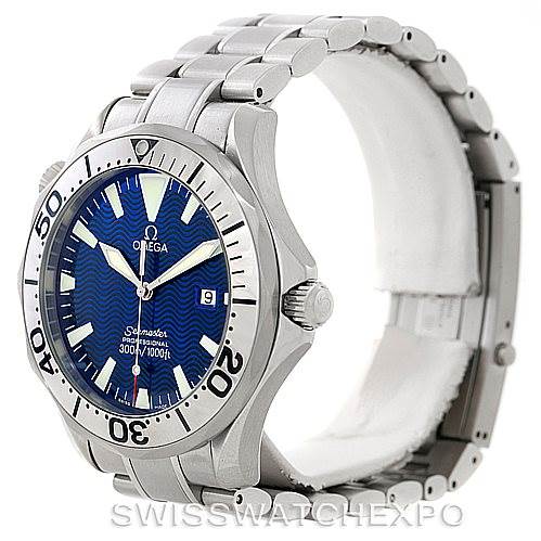 The image shows a side-angle view of the Omega Seamaster 2265.80.00 Men
s Stainless Steel Blue Dial 2265.80.00 Men
s Stainless Steel Blue Dial watch, displaying its dial, bezel, crown, and metal bracelet.