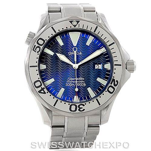 The image shows a front view of the Omega Seamaster 2265.80.00 Men
s Stainless Steel Blue Dial 2265.80.00 Men
s Stainless Steel Blue Dial watch, highlighting its bezel, dial, hands, and bracelet.