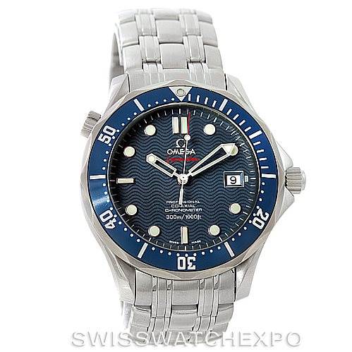 The image shows an Omega Seamaster 2220.80.00 Men
s Stainless Steel Blue Dial 2220.80.00 Men
s Stainless Steel Blue Dial watch from the front, displaying its face, bezel, crown, and bracelet.