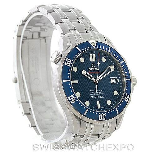 The image shows a perspective angle of the Omega Seamaster 2220.80.00 Men
s Stainless Steel Blue Dial 2220.80.00 Men
s Stainless Steel Blue Dial watch, highlighting its blue dial, stainless steel bracelet, and bezel.