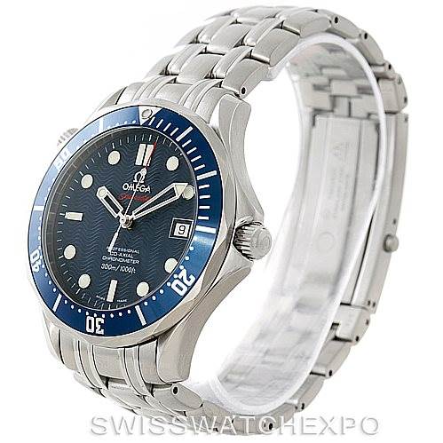 This image shows a side and front angle of an Omega Seamaster 2220.80.00 Men
s Stainless Steel Blue Dial 2220.80.00 Men
s Stainless Steel Blue Dial watch, highlighting its bracelet, bezel, dial, and clasp.