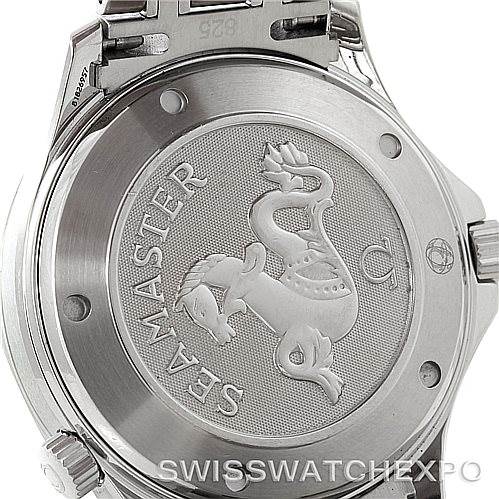 This image shows the backside of an Omega Seamaster 2220.80.00 Men
s Stainless Steel Blue Dial 2220.80.00 Men
s Stainless Steel Blue Dial watch, highlighting the case back with the Seamaster logo.