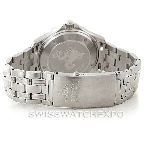 The image shows the back view of the Omega Seamaster 2220.80.00 Men
s Stainless Steel Blue Dial 2220.80.00 Men
s Stainless Steel Blue Dial watch, highlighting the clasp and case back details.