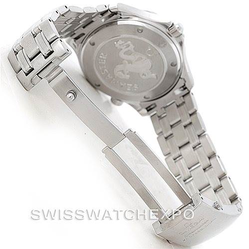 The image shows the stainless steel bracelet and engraved case back of an Omega Seamaster 2220.80.00 Men
s Stainless Steel Blue Dial 2220.80.00 Men
s Stainless Steel Blue Dial watch, viewed from the rear angle.